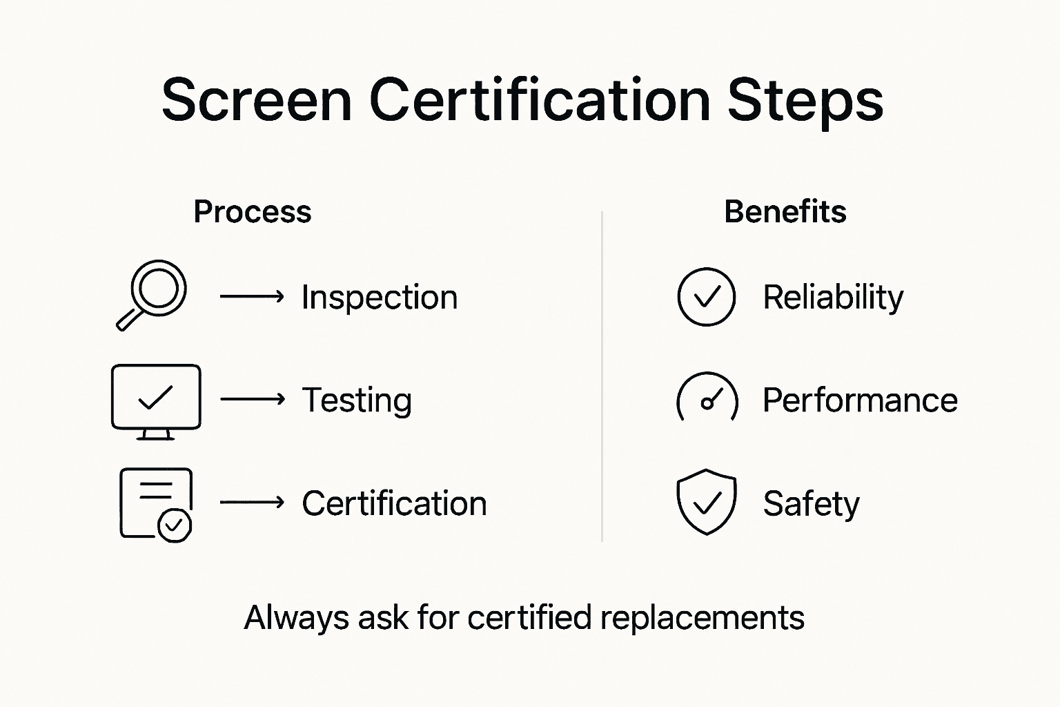 Infographic showing screen certification steps and benefits