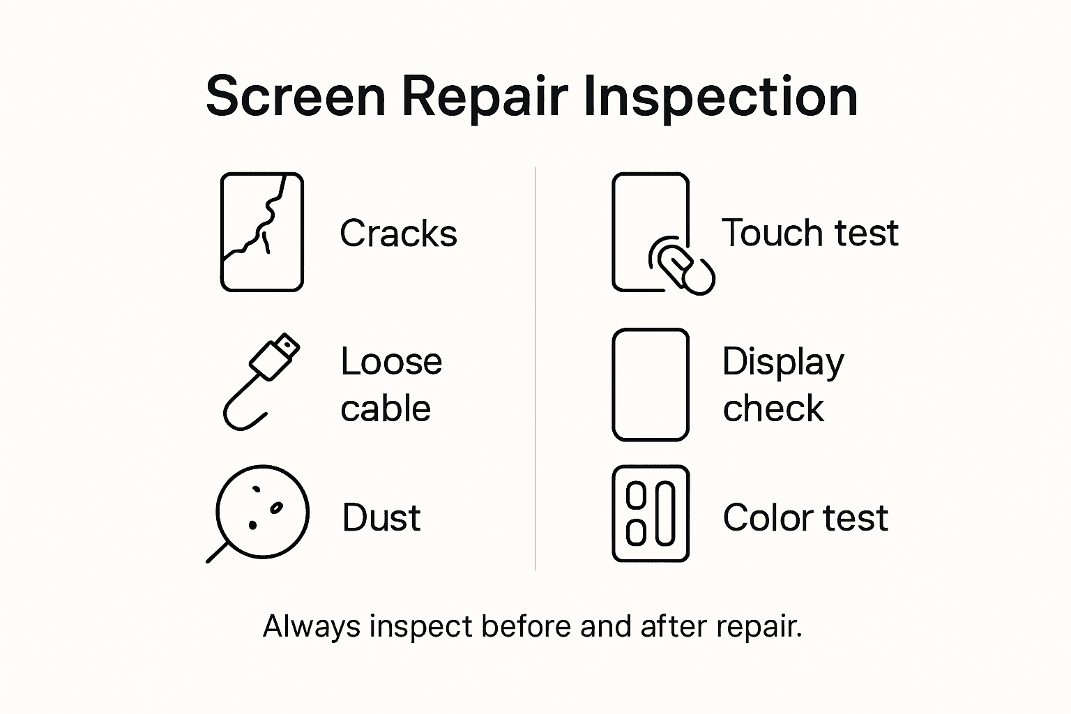 Infographic showing screen repair inspection checklist