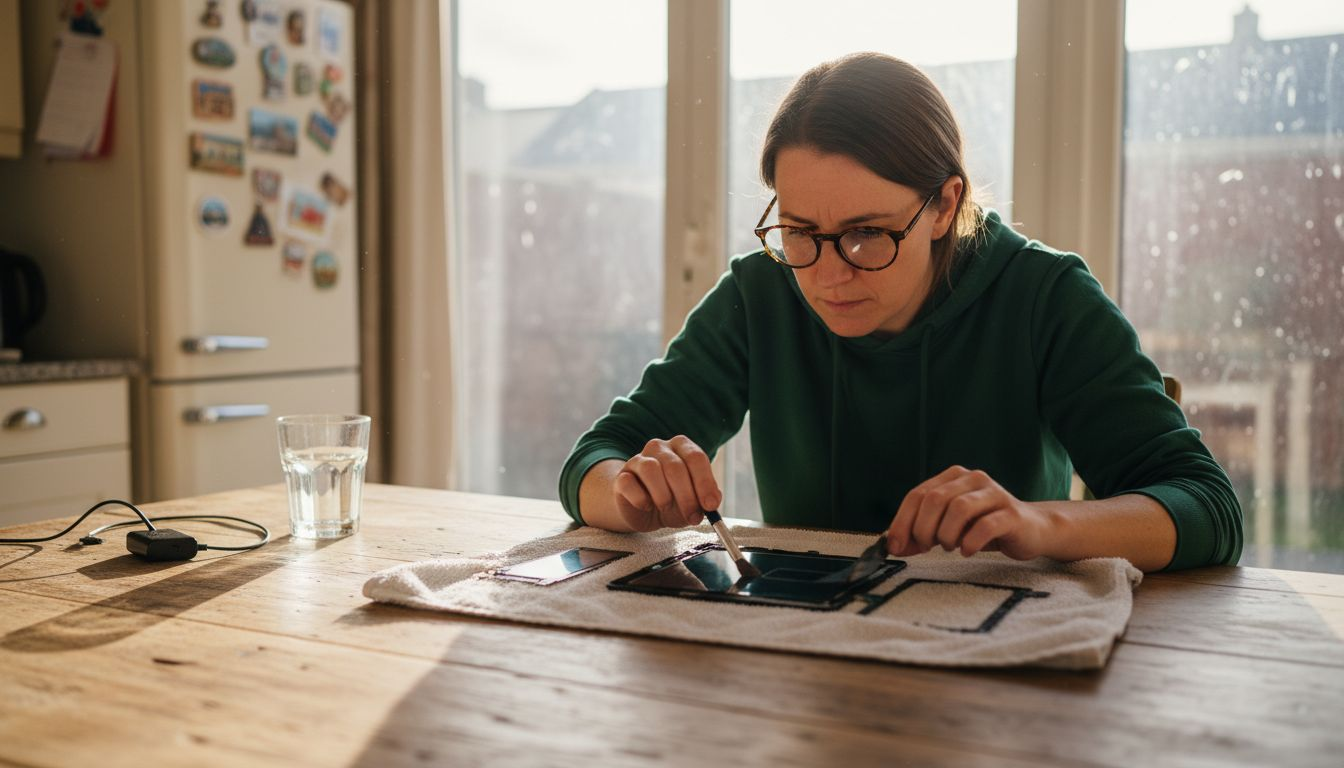 Person inspecting screen assembly components on table