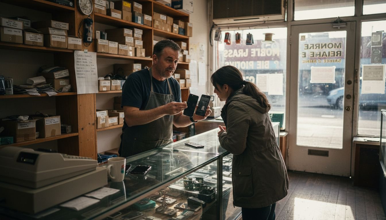 Store owner presenting phone screen options