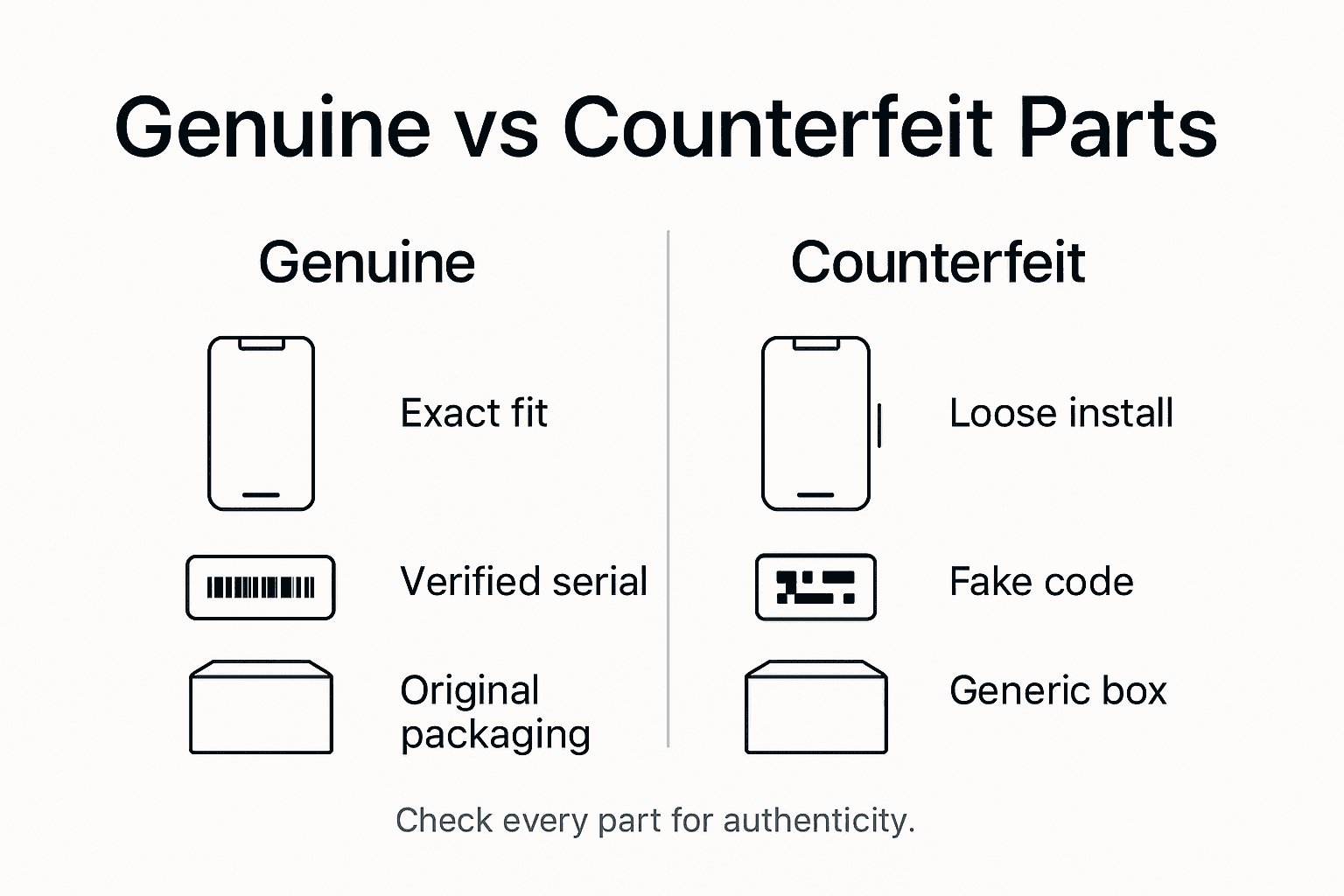 Infographic comparing genuine and counterfeit phone parts