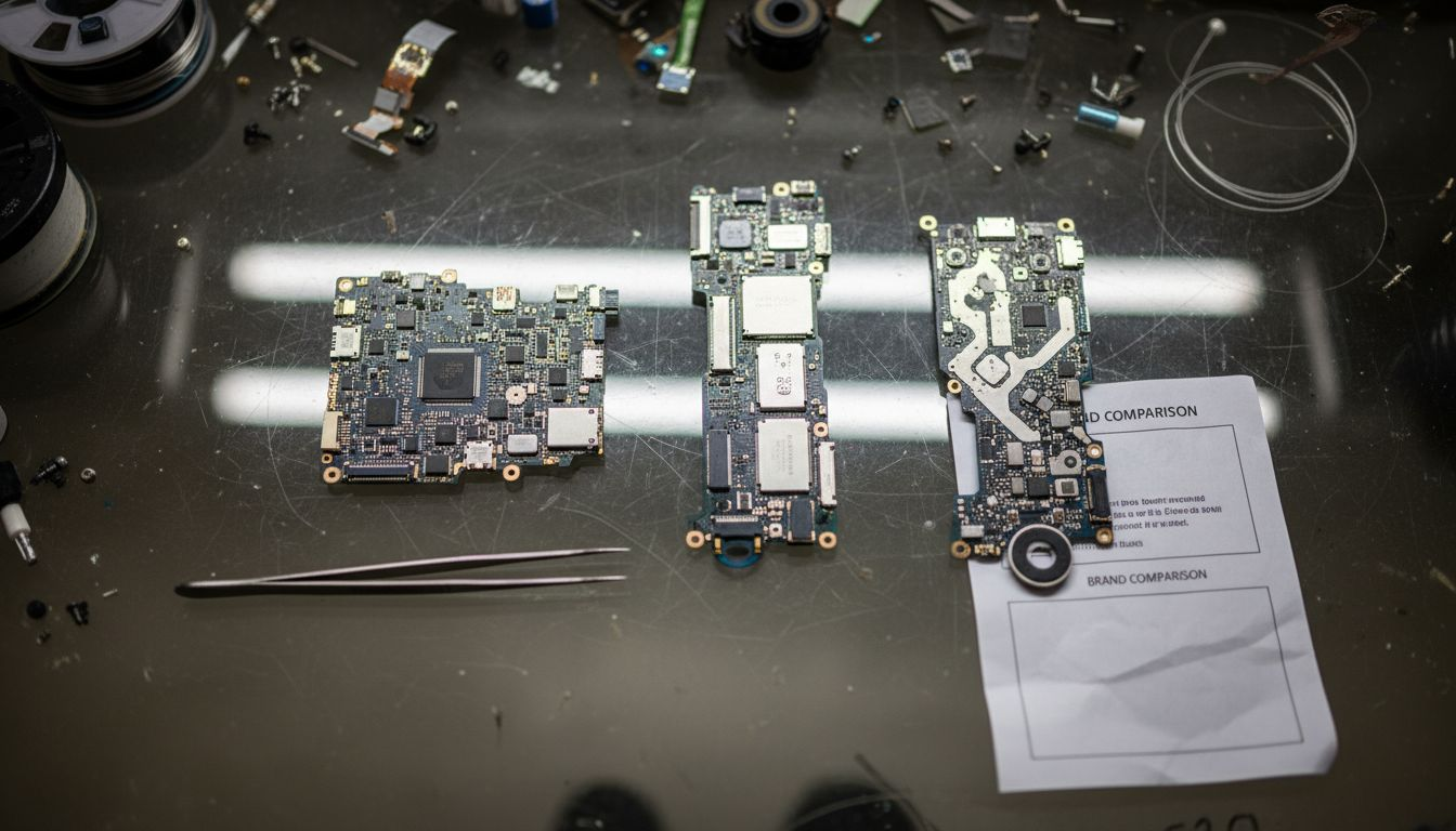 Multiple smartphone motherboard types on glass table