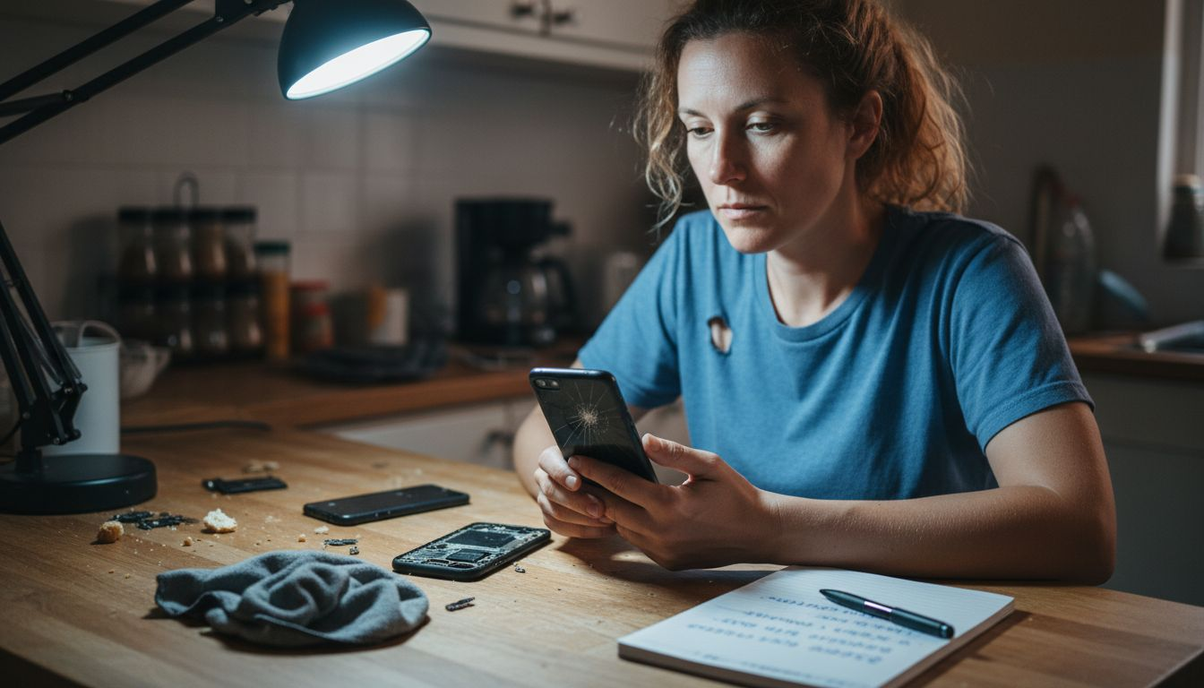 Person assessing cracked smartphone screen