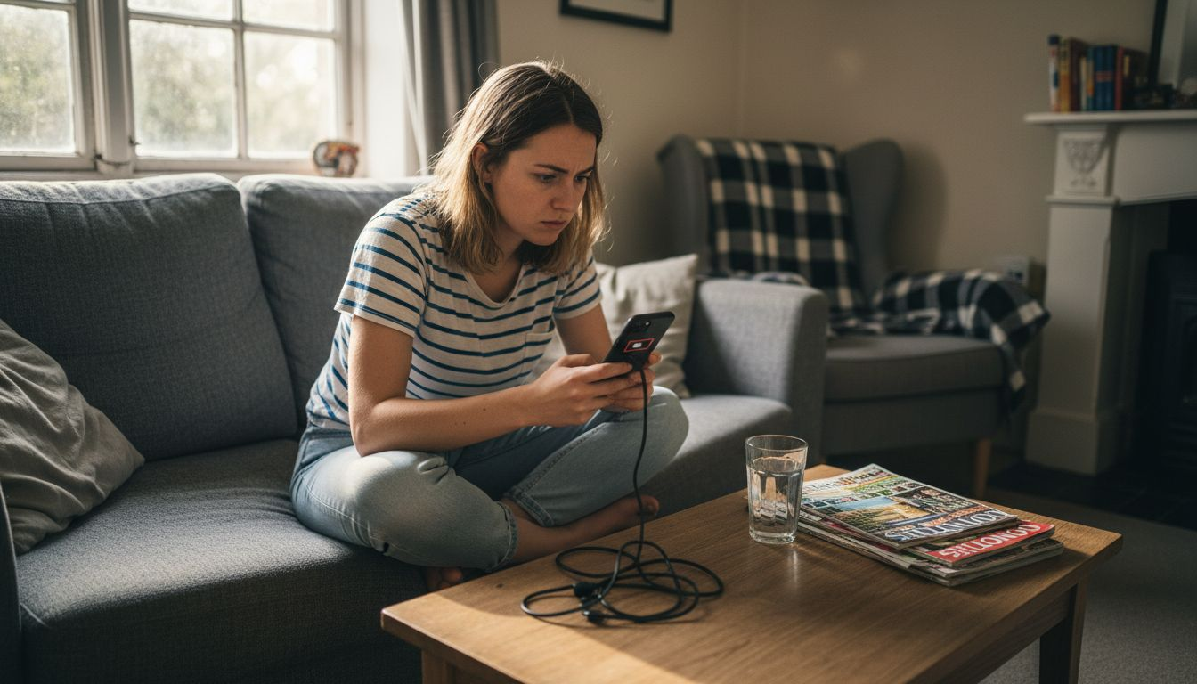 Woman frustrated by low phone battery warning