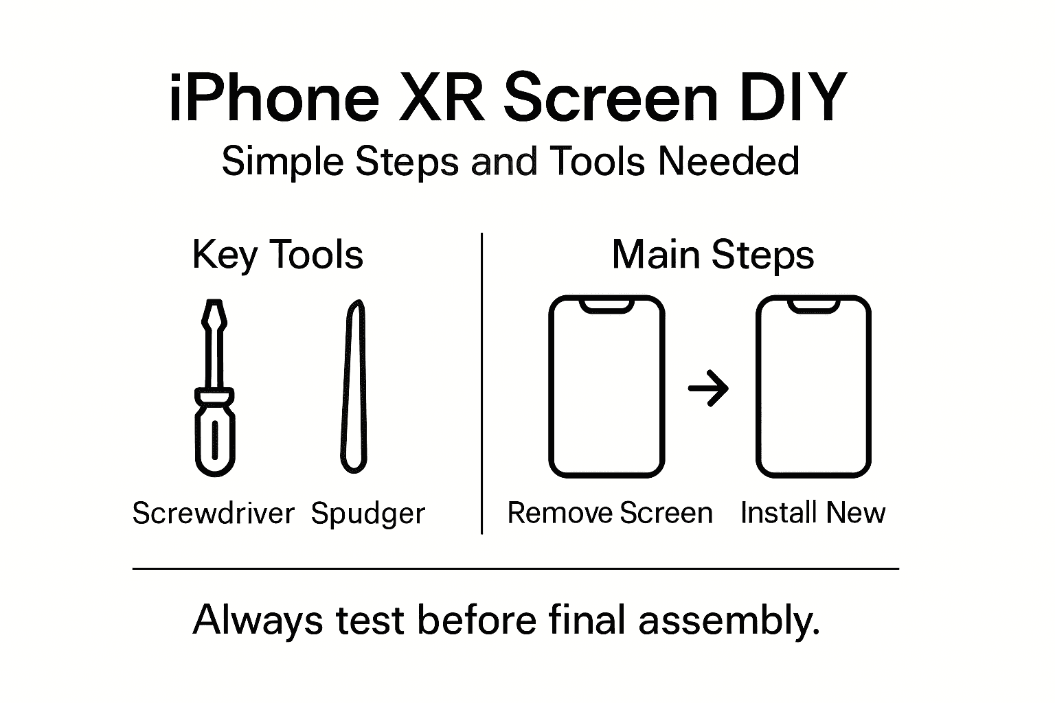 Infographic with key iPhone XR replacement steps and tools