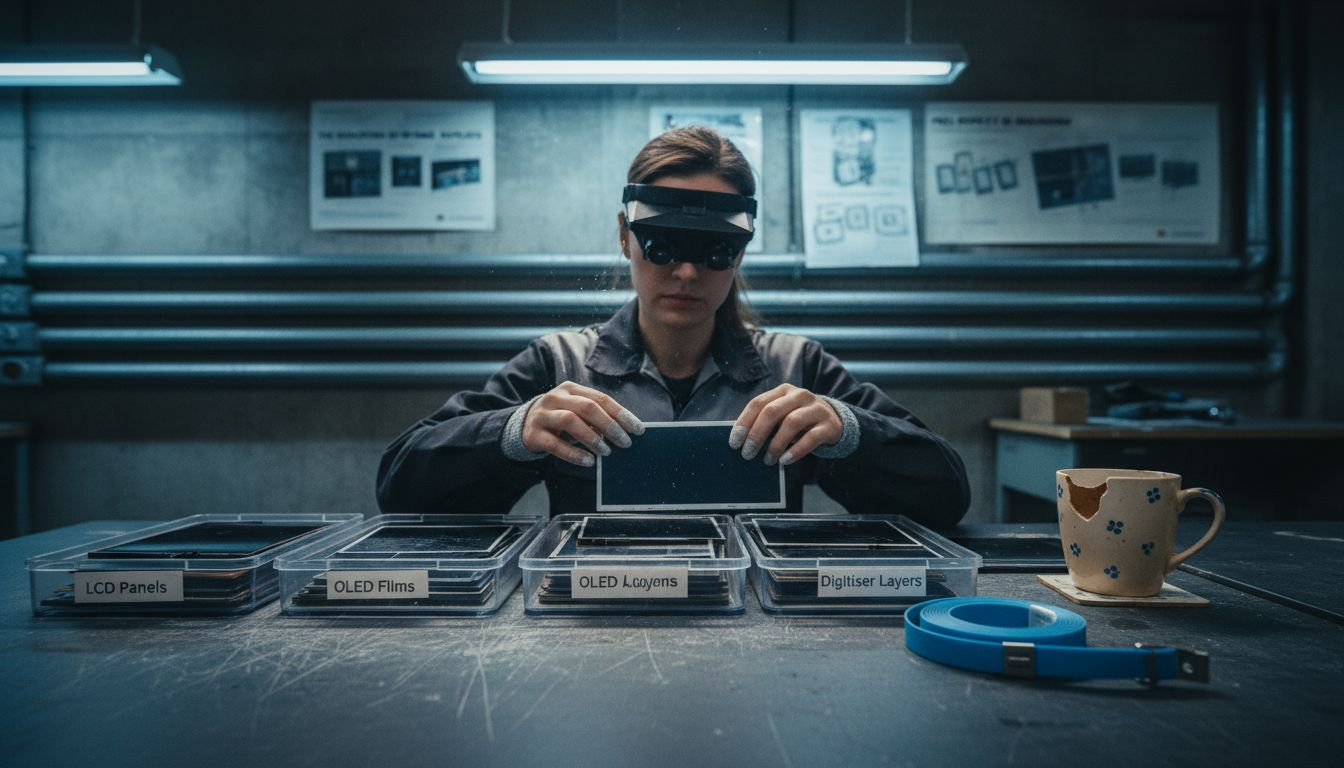 Screen assembly layers displayed on work table