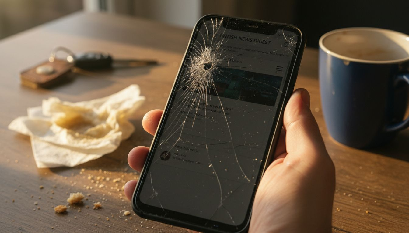 Cracked and scratched phone screen in hands