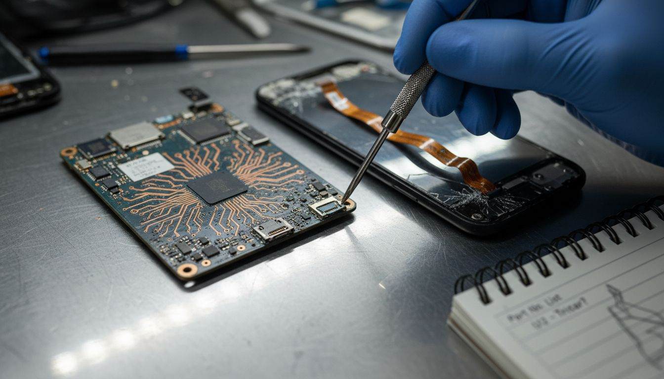 Closeup phone motherboard connectors hands-on