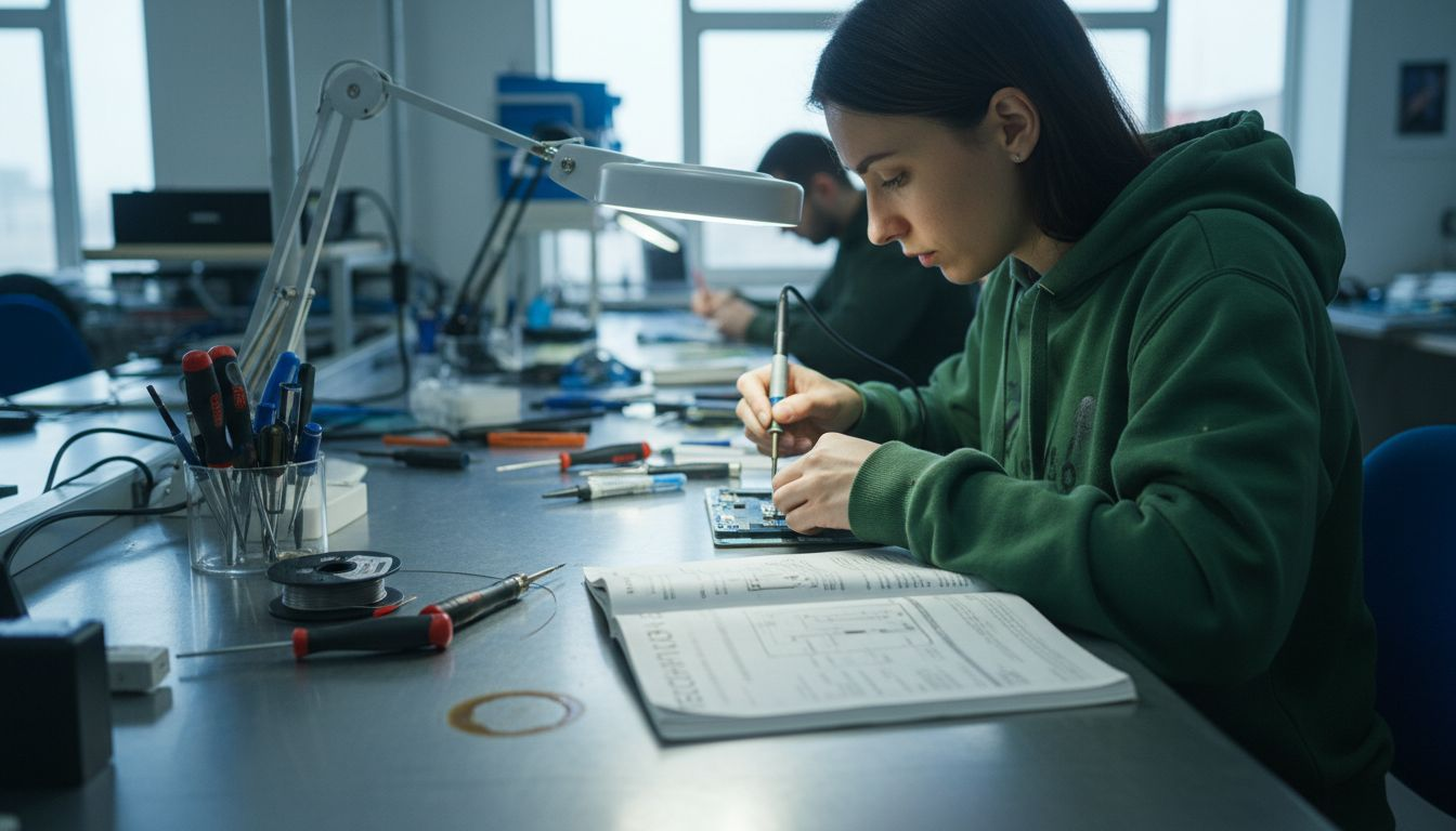 Technician soldering tablet on repair bench