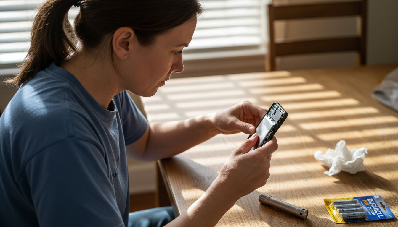 Woman inspecting swollen phone battery