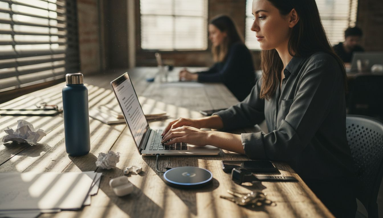 Wireless charger powering phone at coworking desk