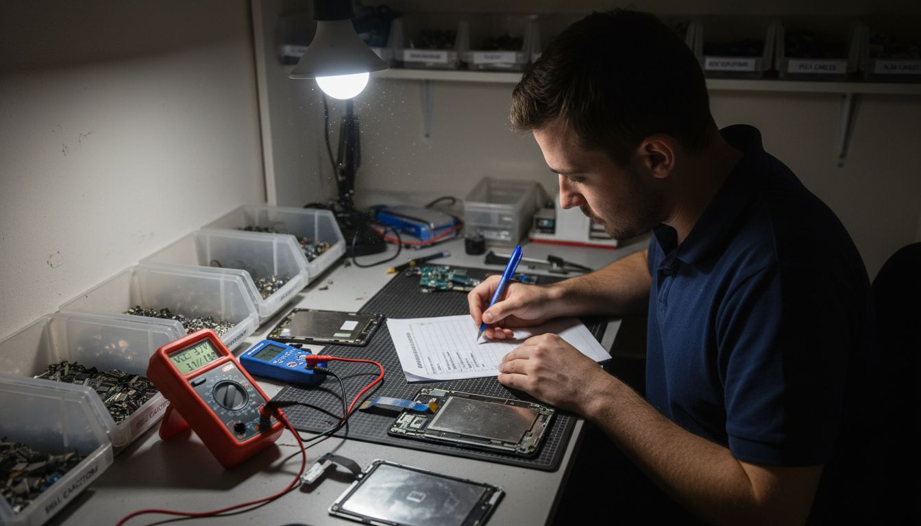 Technician using diagnostic tools on tablet