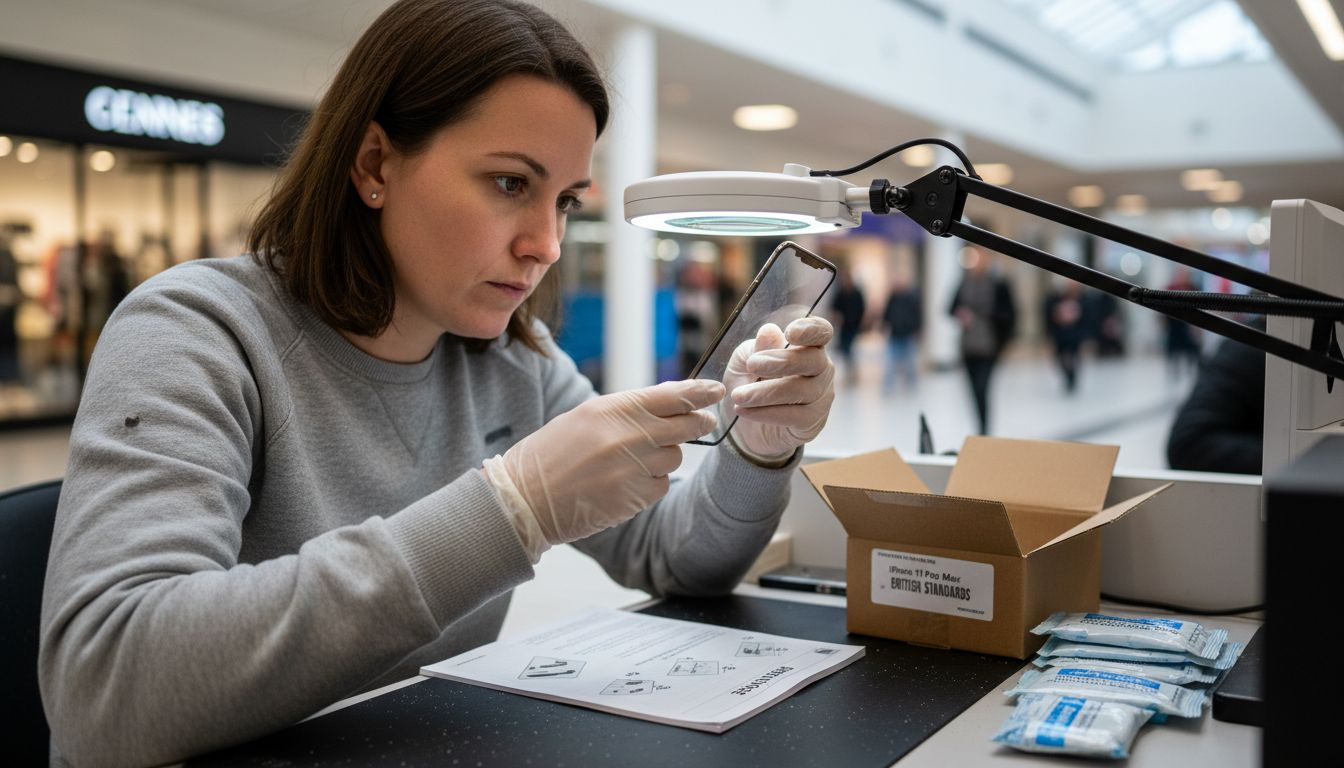 Inspecting iPhone replacement screen at work station