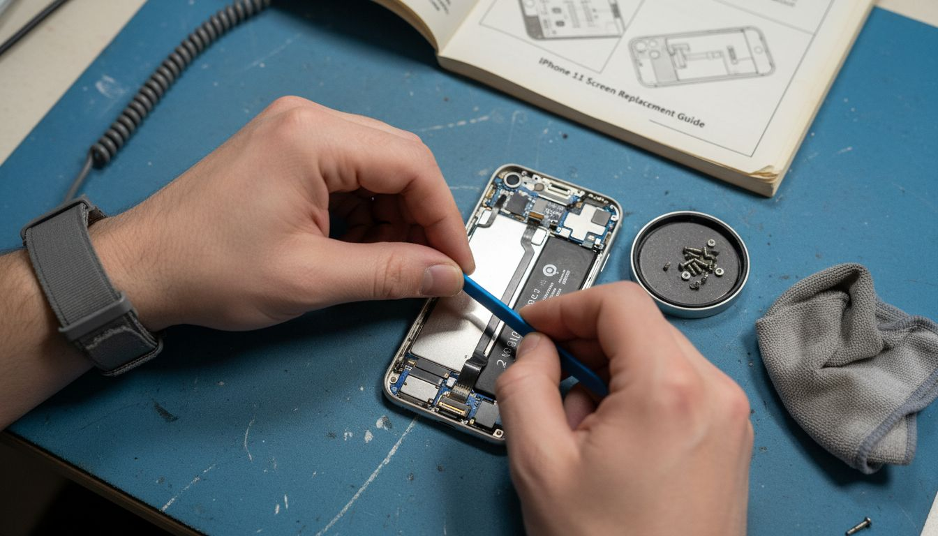 Hands disconnecting iPhone 11 display cables