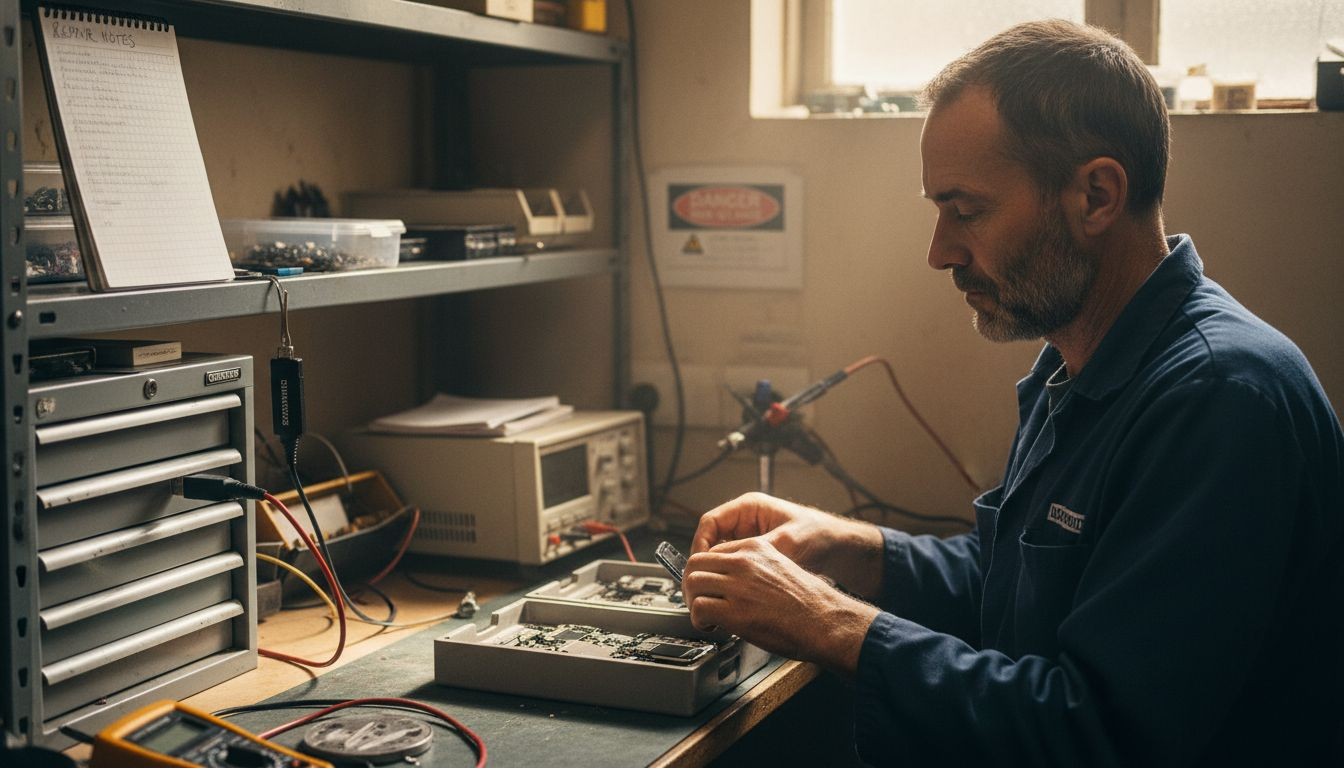 Technician securing mobile device in repair lab