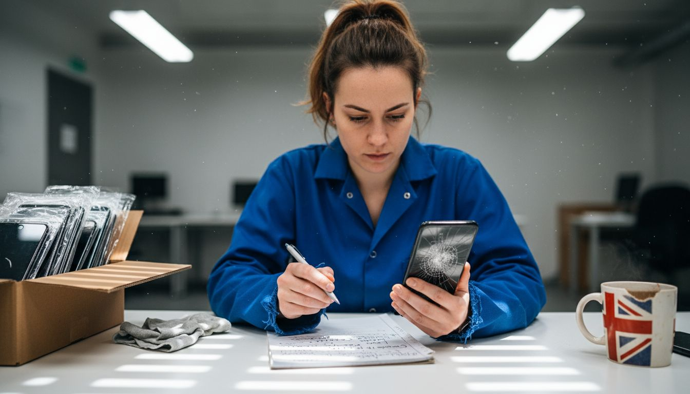 Technician inspecting cracked phone screen closely