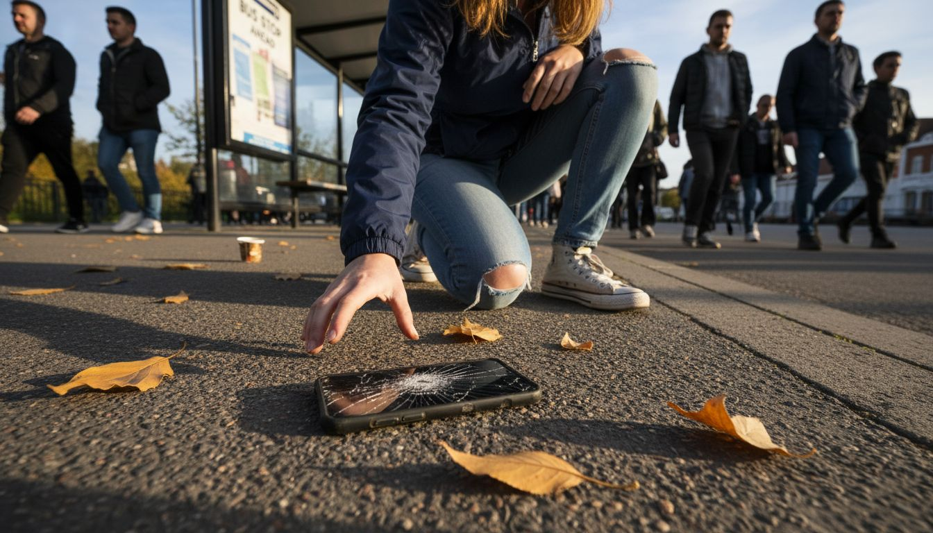Woman picks up phone with cracked screen outdoors