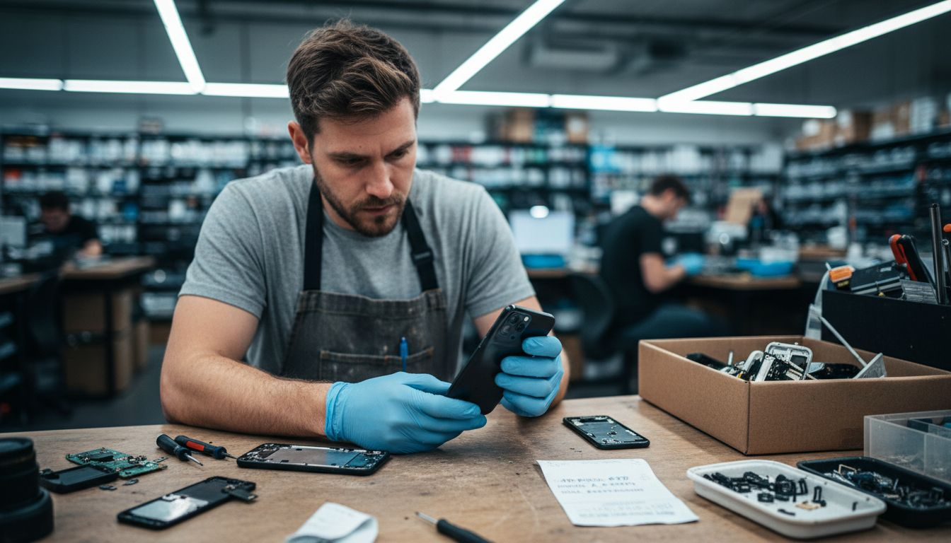 Technician checks phone swelling battery workbench