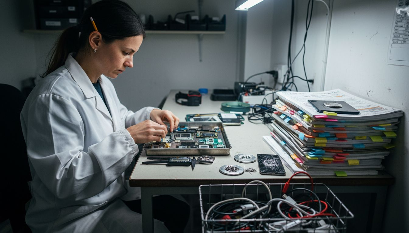 Technician sorting device parts with tools