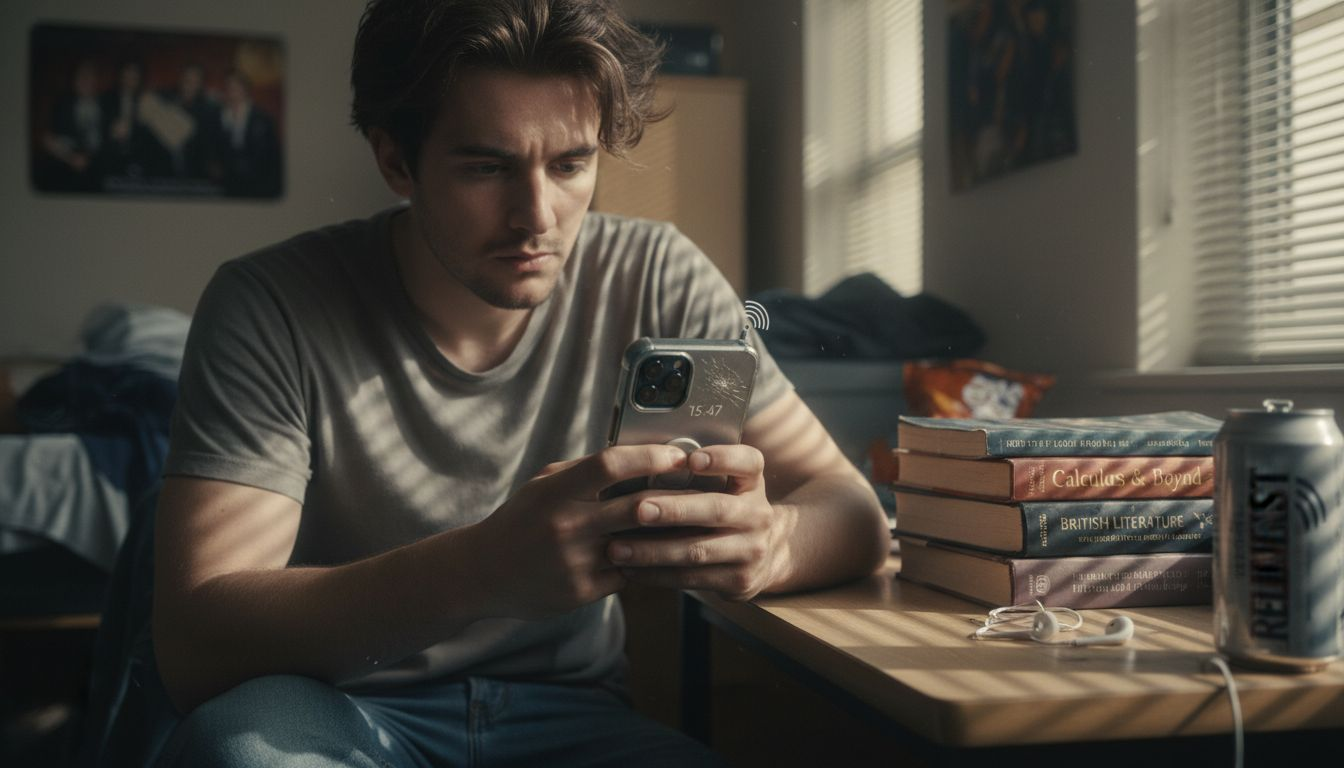 Student checking phone signal with thick case