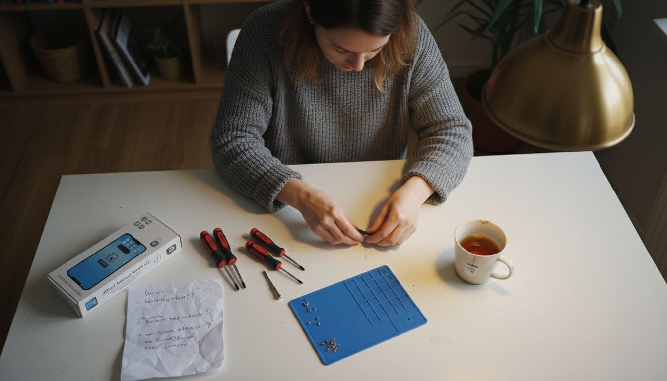 Person organizing iPhone repair tools