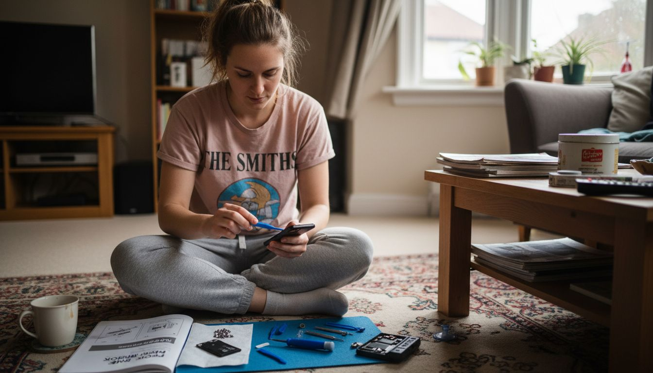 Woman attempts DIY phone repair on carpet