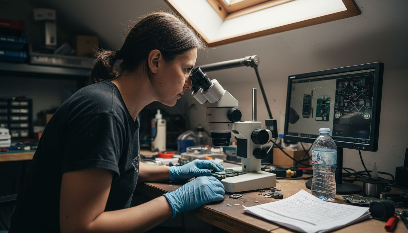 Technician inspecting mobile motherboard components