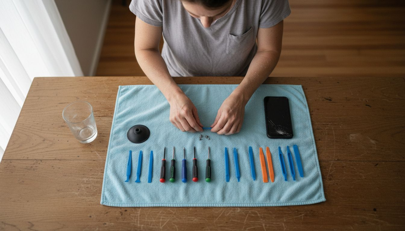 DIY phone repair tool setup overhead view