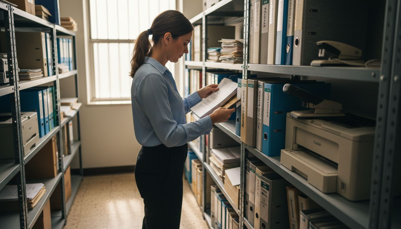 Manager organizing warranty documents in storeroom