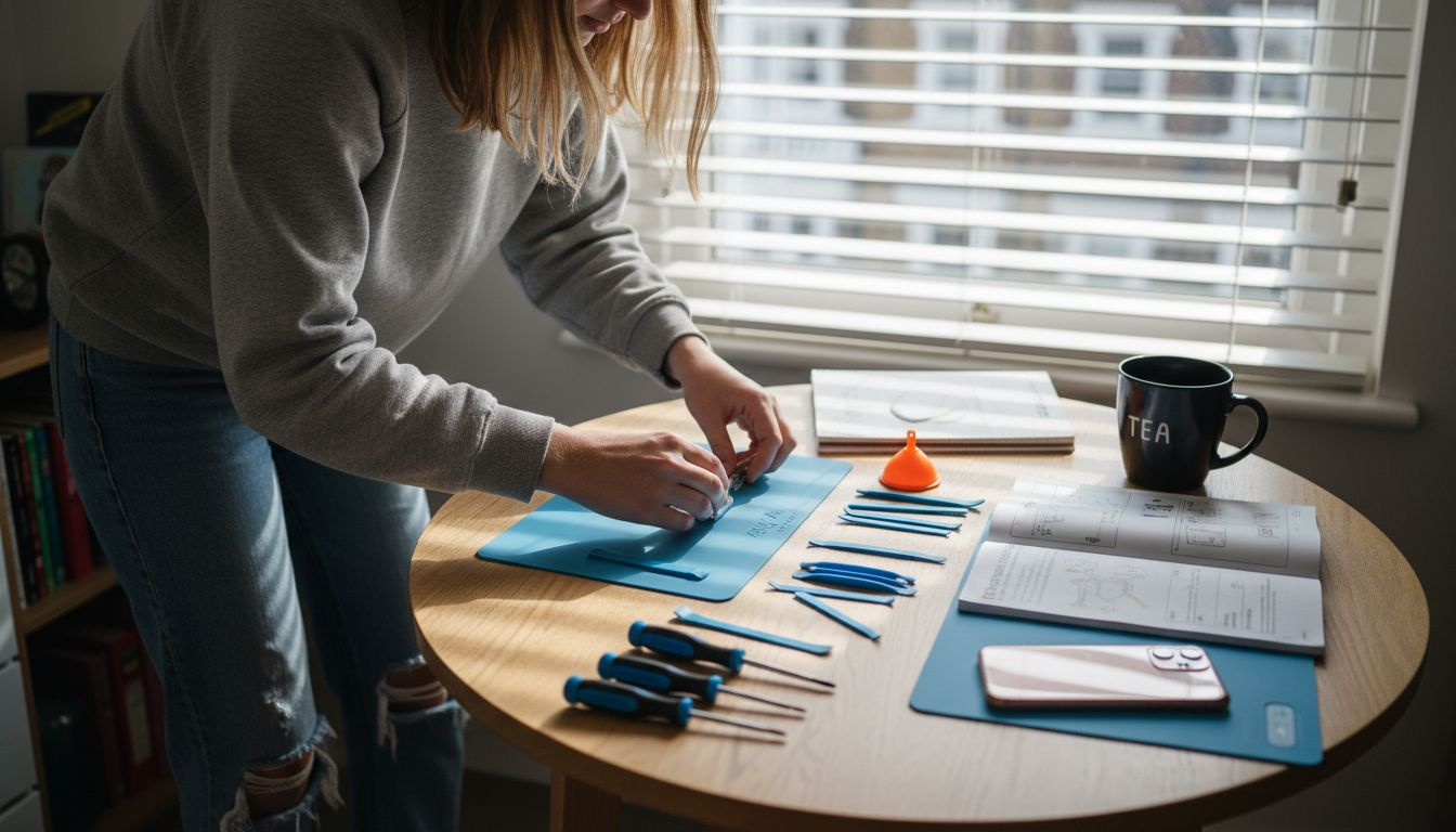 Woman laying out phone repair tools on table