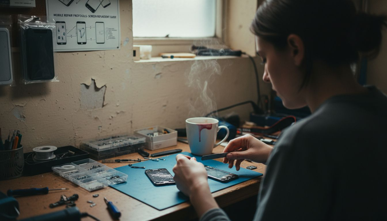 Closeup of screen repair at workbench