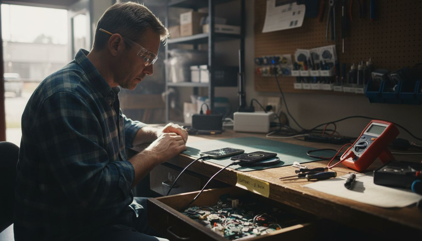 Repairer comparing wired and wireless charging efficiency