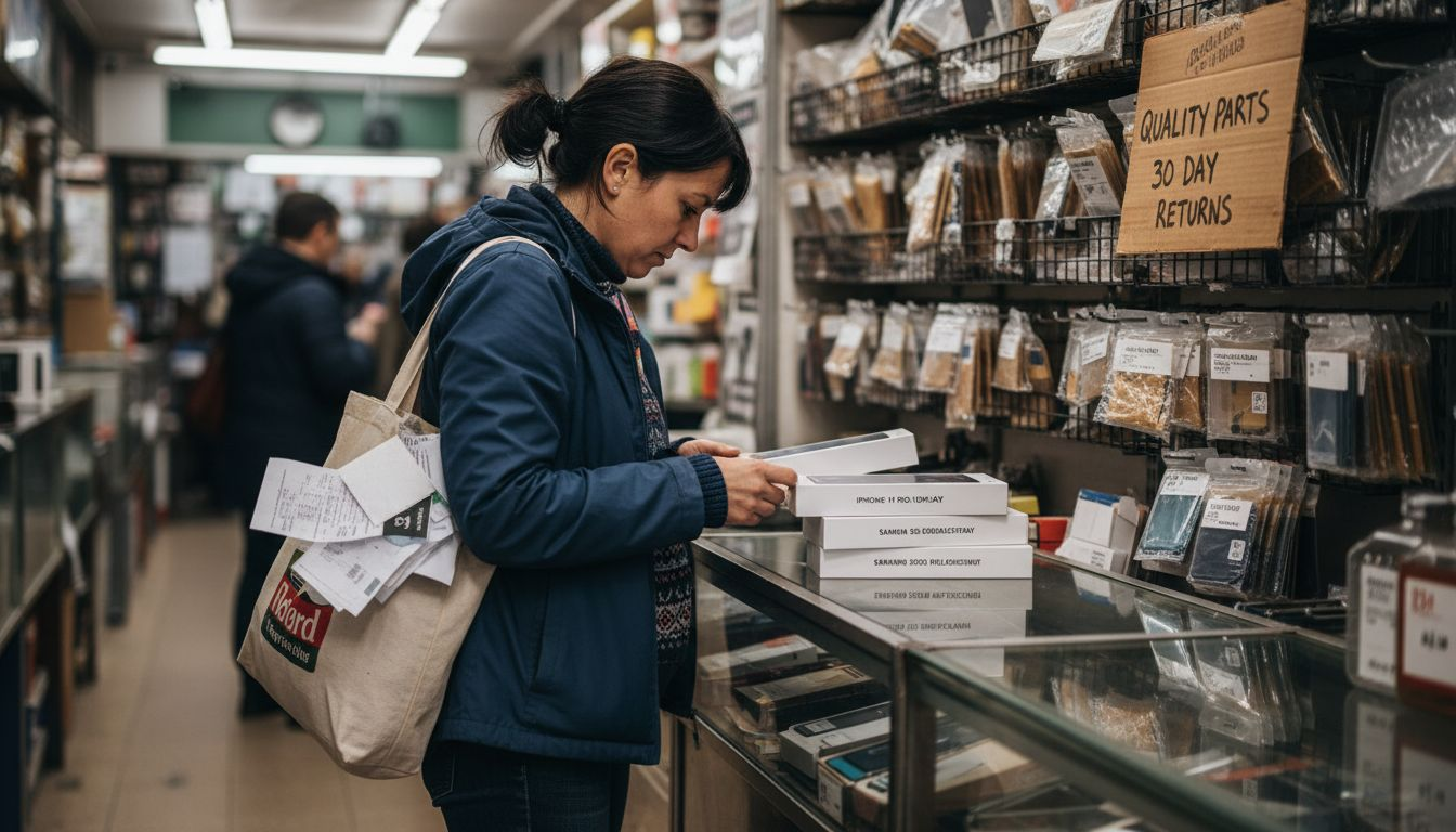 Shopper examining UK phone screen parts