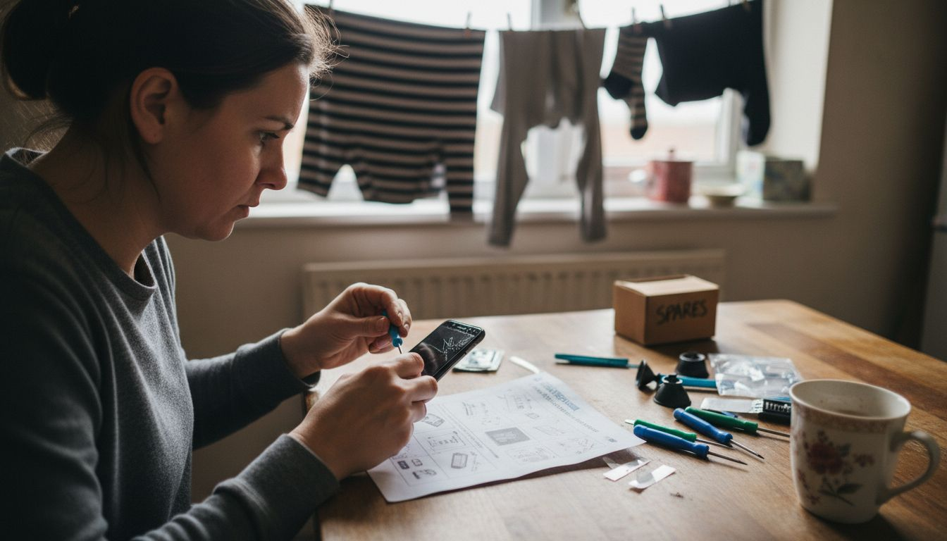Woman using DIY phone screen repair kit at home