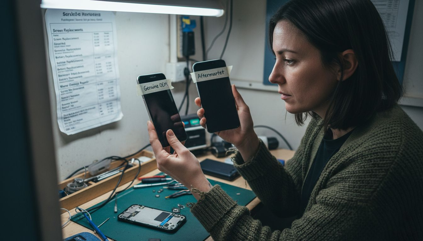 Woman comparing OEM and aftermarket iPhone screens
