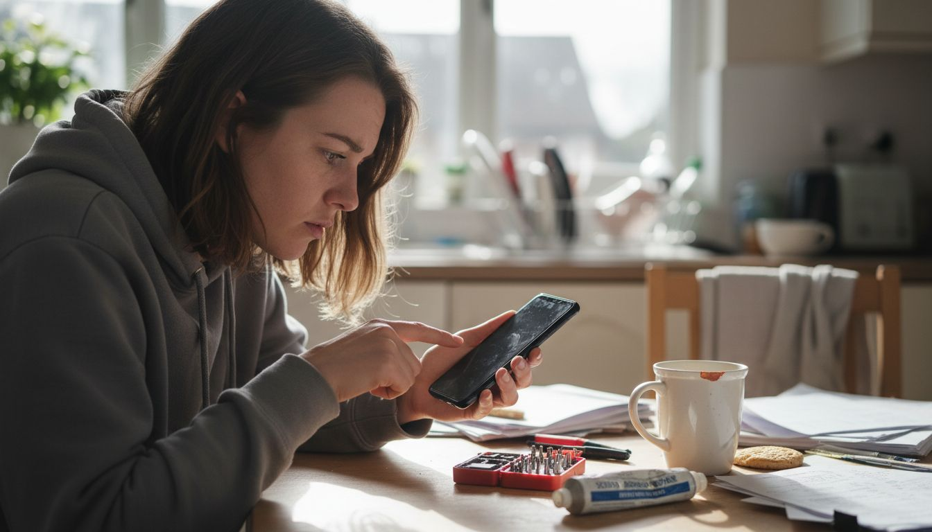 Woman diagnosing Samsung phone display issue
