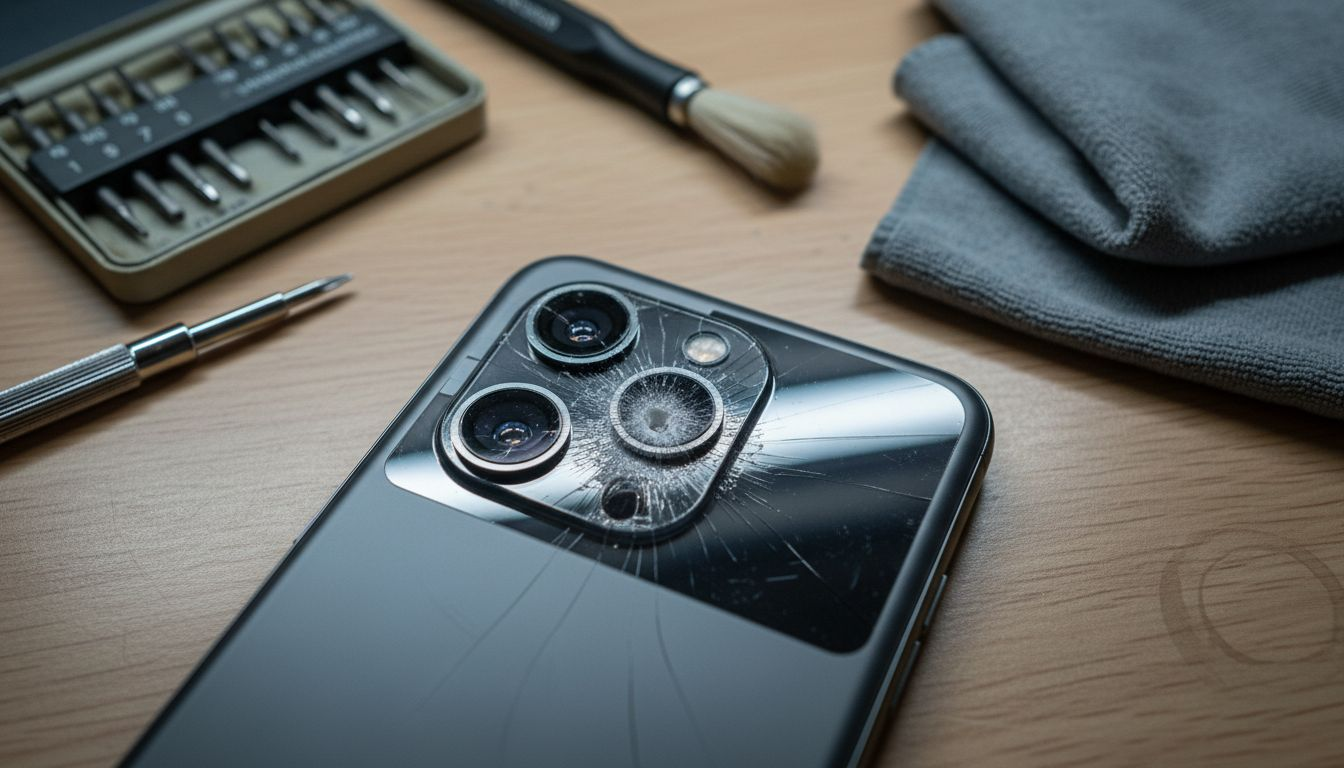 Cracked phone camera glass close-up repair scene