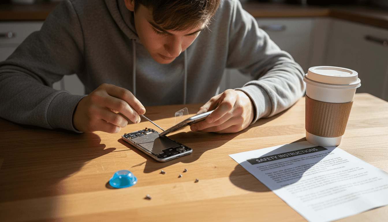 DIY iPhone 8 battery replacement at kitchen table