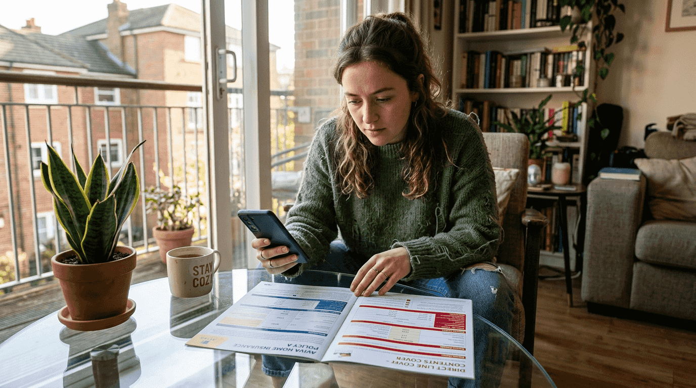Woman comparing phone insurance brochures at coffee table