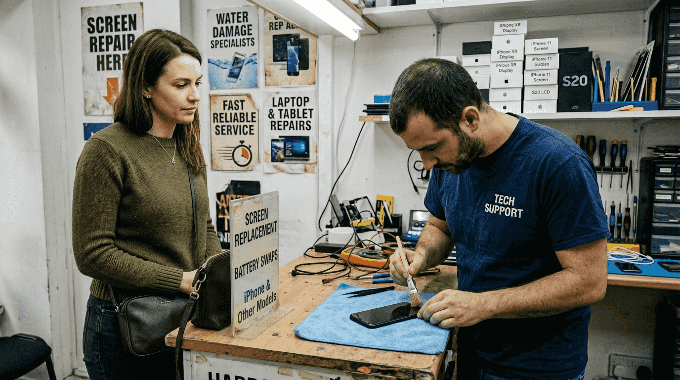 Customer at counter during iPhone XR repair