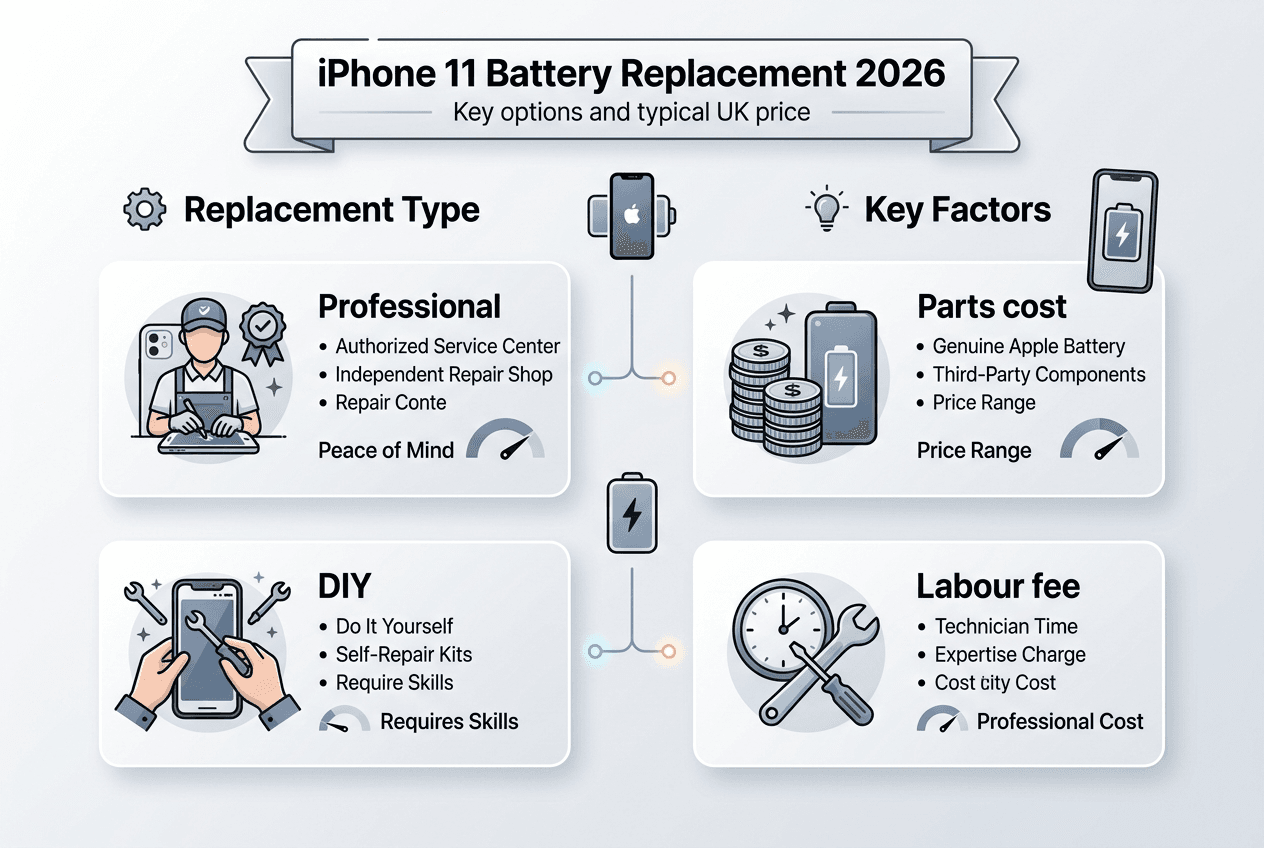 Infographic showing iPhone 11 replacement methods and factors