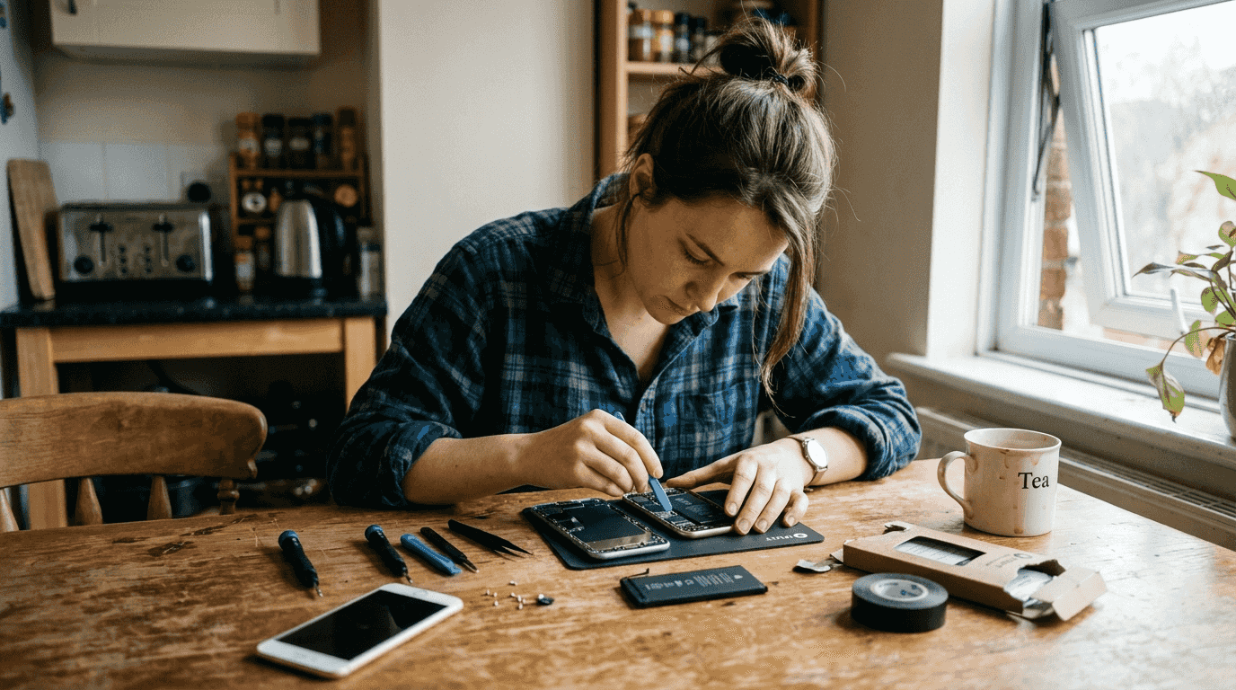 Woman performing iPhone 11 battery DIY at home