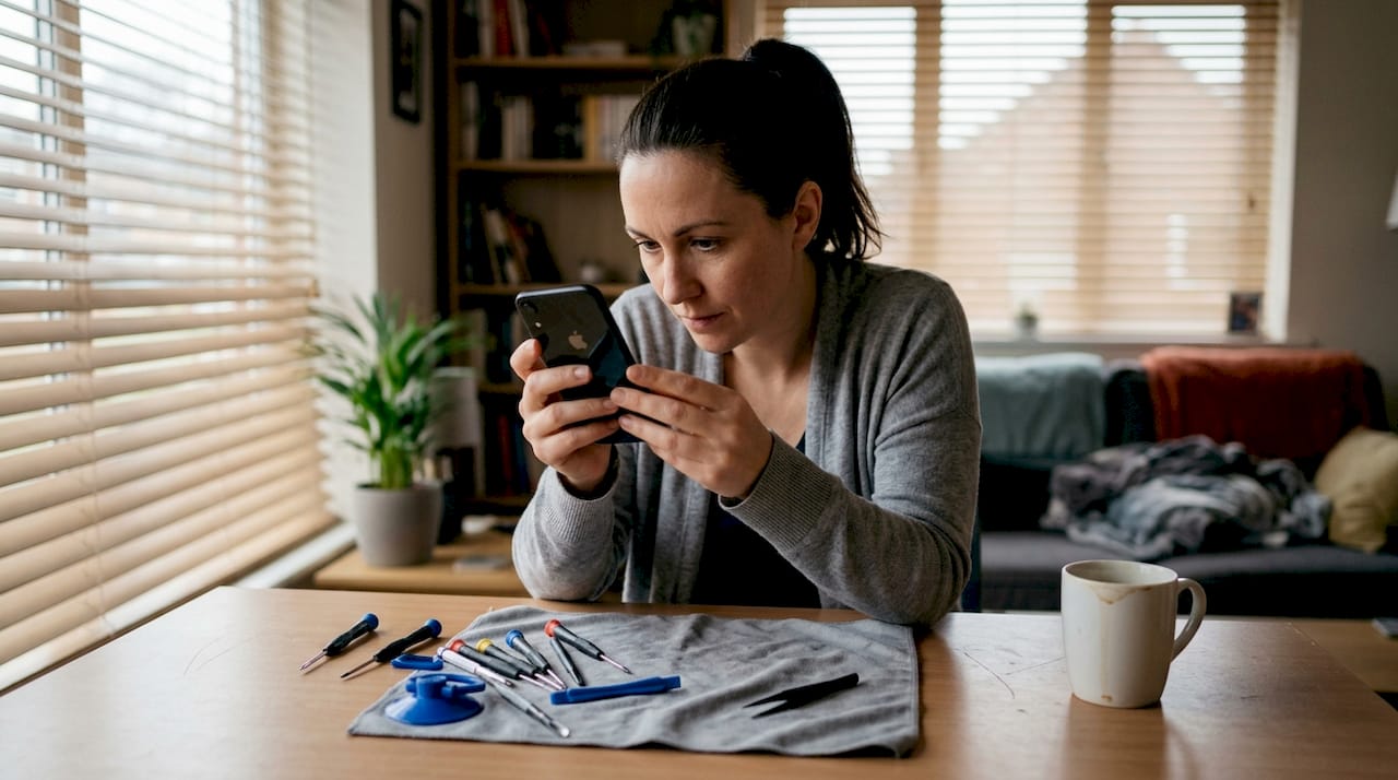Woman inspecting iPhone XR screen after repair