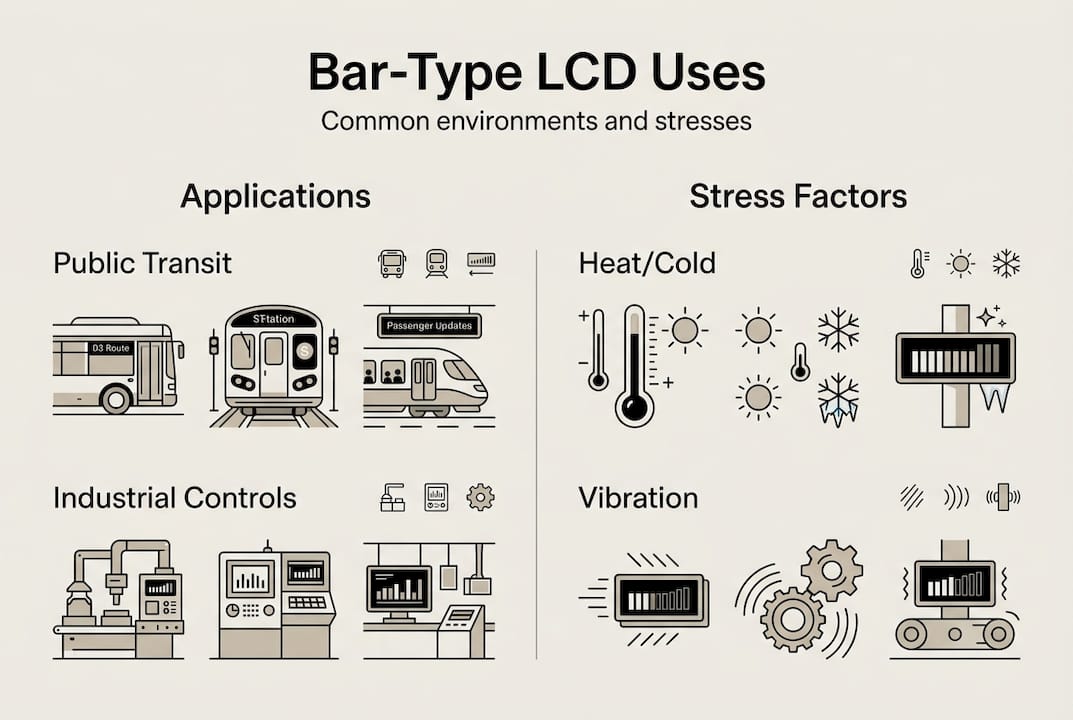 Infographic, bar-type LCD uses and stress factors