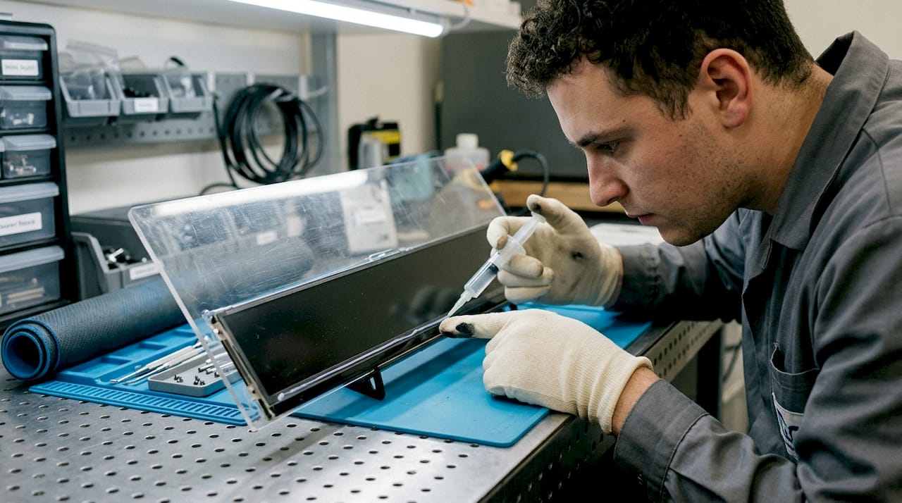 Applying sealant to bar-type LCD panel edge