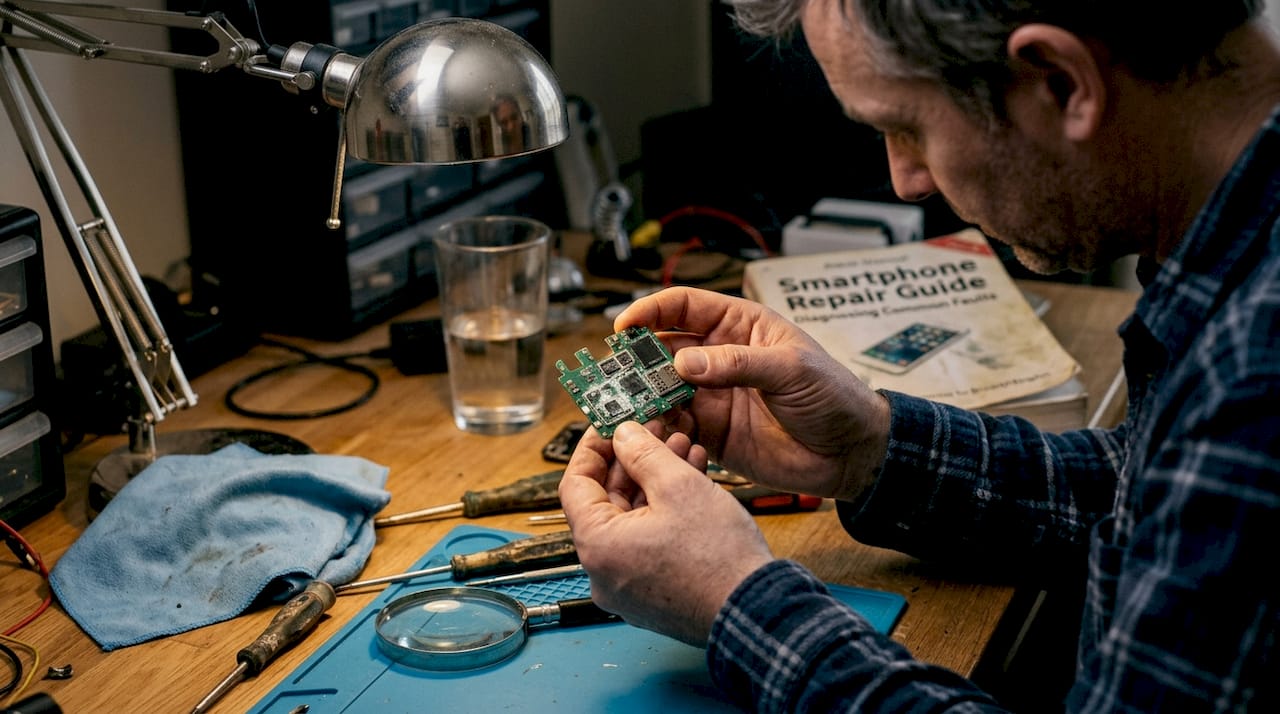 Close-up corrosion on phone circuit board
