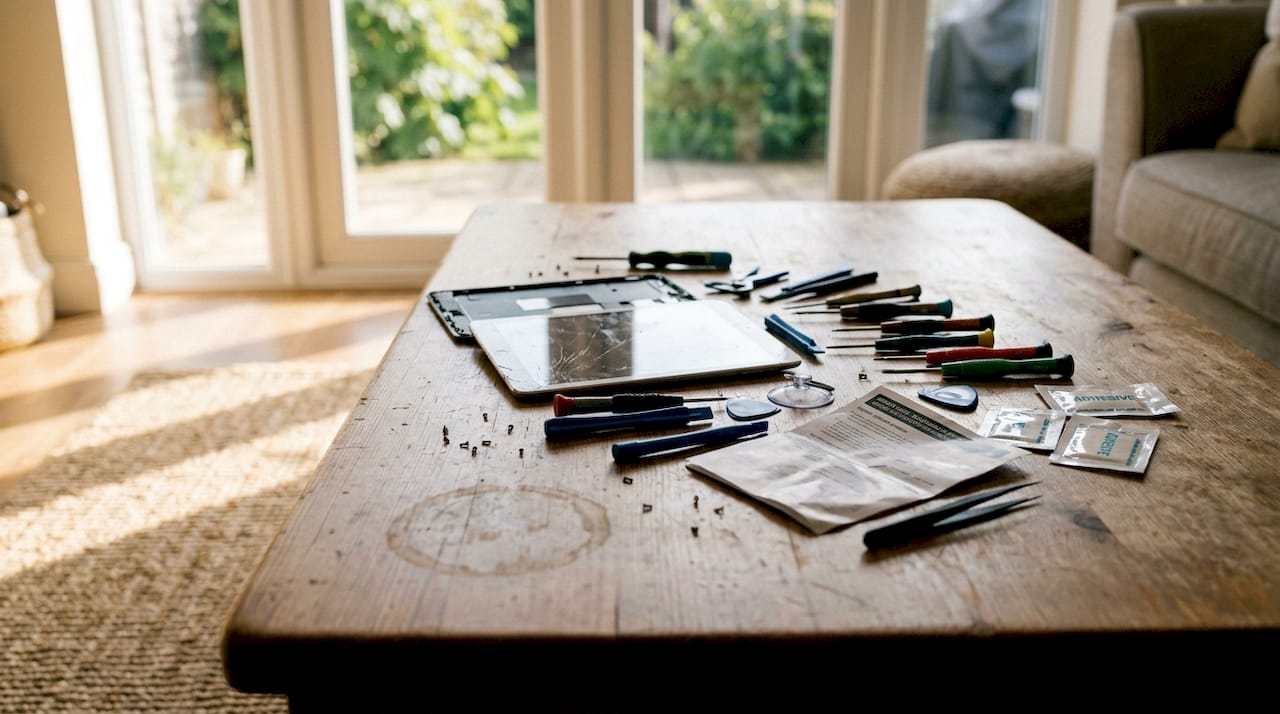 Tablet repair tools scattered on coffee table