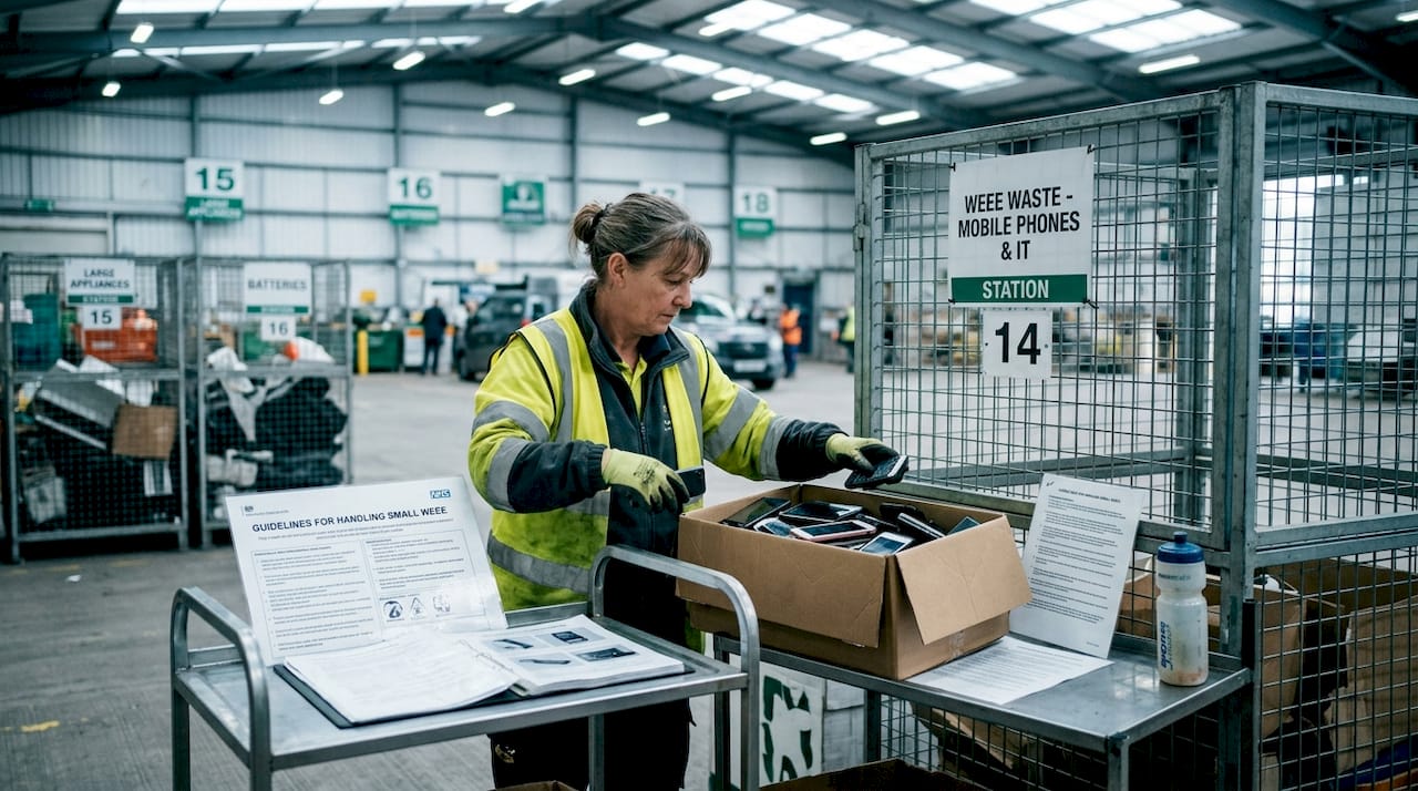 Worker sorting phones at UK recycling centre