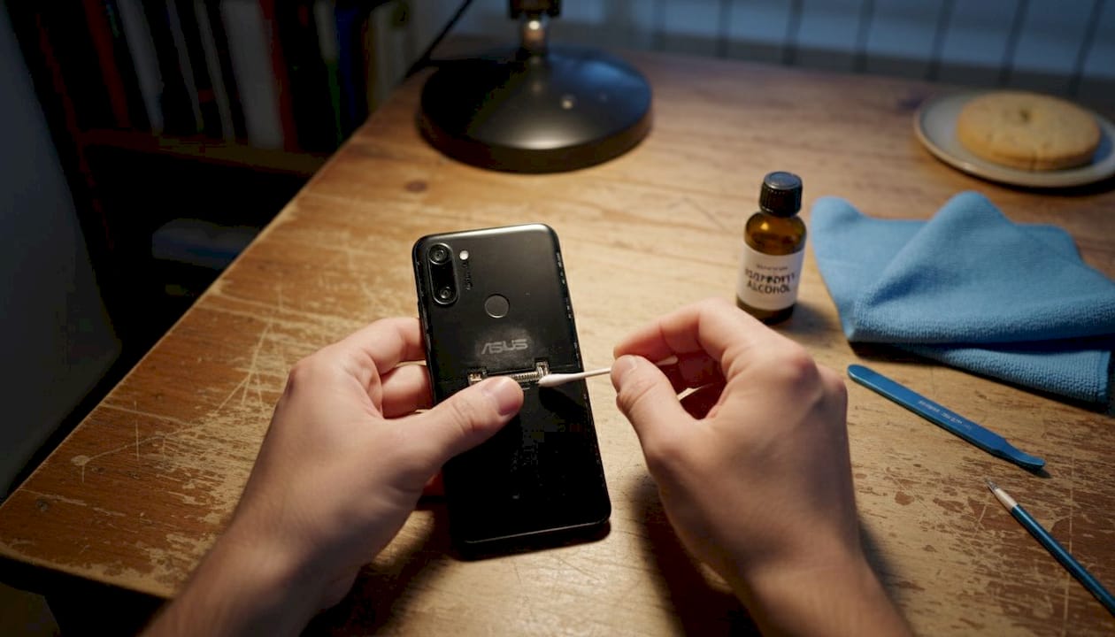 Hands cleaning ASUS battery contacts on desk