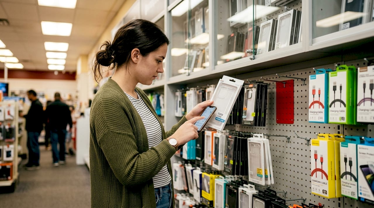 Customer comparing phone case model in store